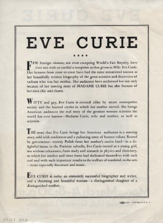 Poster for Eve Curie Speaking on 